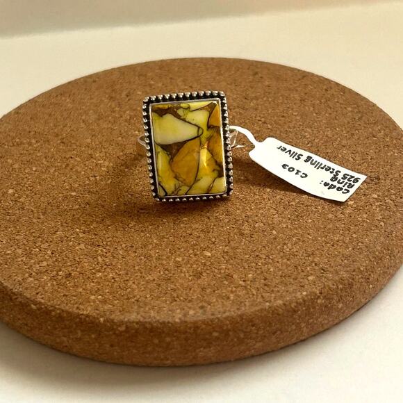 Yellow Honey Dahlia Turquoise 925 Sterling Silver Square Ring Size 9 New - Picture 1 of 8
